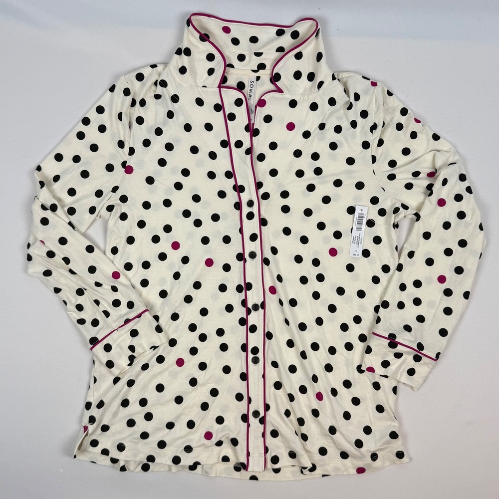 SOMA Womens Pajama‎ Top Cream Black Pink Polka Dot Button Up Long Sleeve NWT
